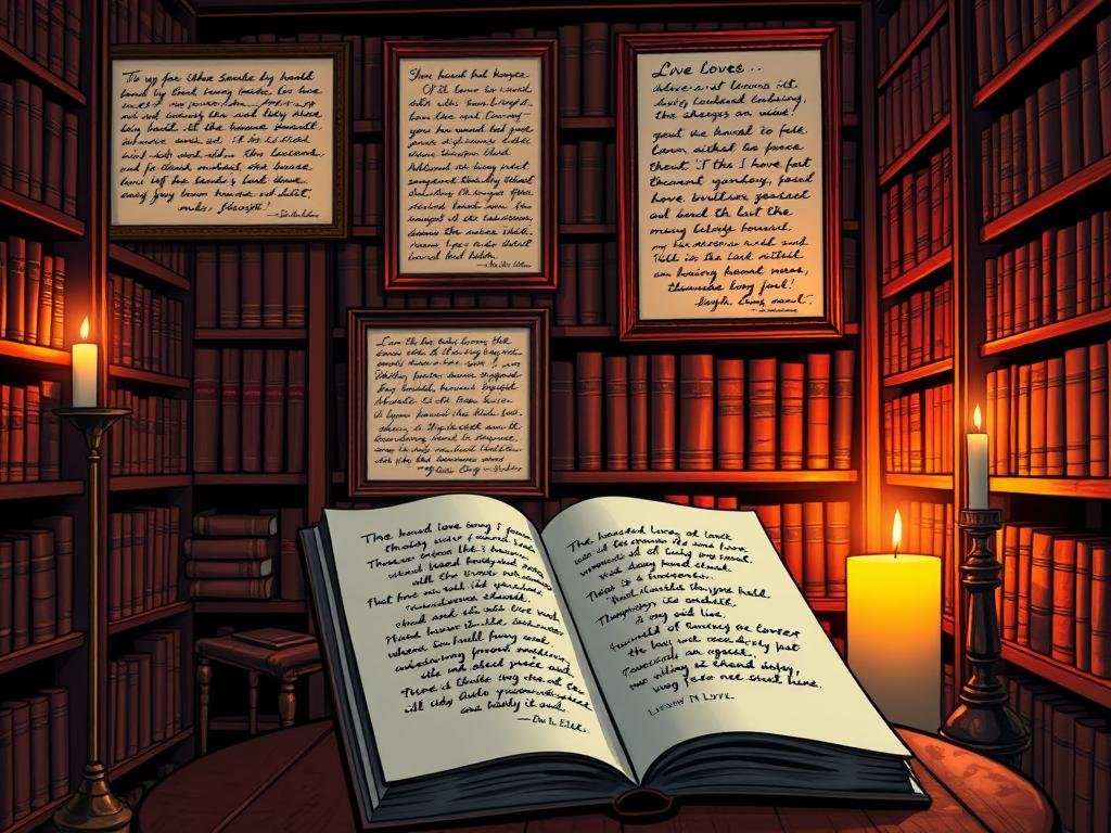A cozy library interior, dimly lit with warm candlelight, shelves lined with leather-bound books. Framed prints of handwritten love letters by classic authors adorn the walls, their romantic scripts casting a dreamy ambiance. In the foreground, a small table holds an open book, its pages displaying love quotes penned by renowned poets and novelists, their timeless words reflecting the essence of human connection. The scene evokes a sense of serenity and contemplation, inviting the viewer to immerse themselves in the timeless beauty of literary romance. O interior aconchegante de uma biblioteca, levemente iluminado por velas quentes, com prateleiras repletas de livros encadernados em couro. Gravuras emolduradas de cartas de amor escritas à mão por autores clássicos adornam as paredes, com suas caligrafias românticas criando uma atmosfera onírica. Em primeiro plano, uma pequena mesa segura um livro aberto, cujas páginas exibem citações de amor escritas por poetas e romancistas renomados, cujas palavras atemporais refletem a essência da conexão humana. A cena evoca uma sensação de serenidade e contemplação, convidando o espectador a mergulhar na beleza atemporal do romance literário.