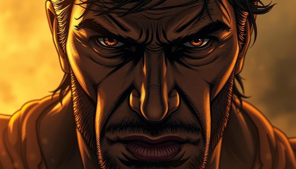 A dramatic, cinematic close-up of a determined, resolute face, weathered by life's challenges. The subject's eyes burn with an unwavering inner fire, their brow furrowed in focused concentration. A subtle shaft of warm, golden light illuminates their features, casting dramatic shadows that accentuate the strong, chiseled jaw and high cheekbones. The background is hazy and out of focus, creating a sense of isolated introspection, as if the viewer is privy to a private moment of profound reflection. The overall mood is one of steadfast courage, unshakable willpower, and an indomitable spirit, perfectly capturing the essence of "coragem e determinação." Frases Motivacionais Sobre Coragem e Determinação