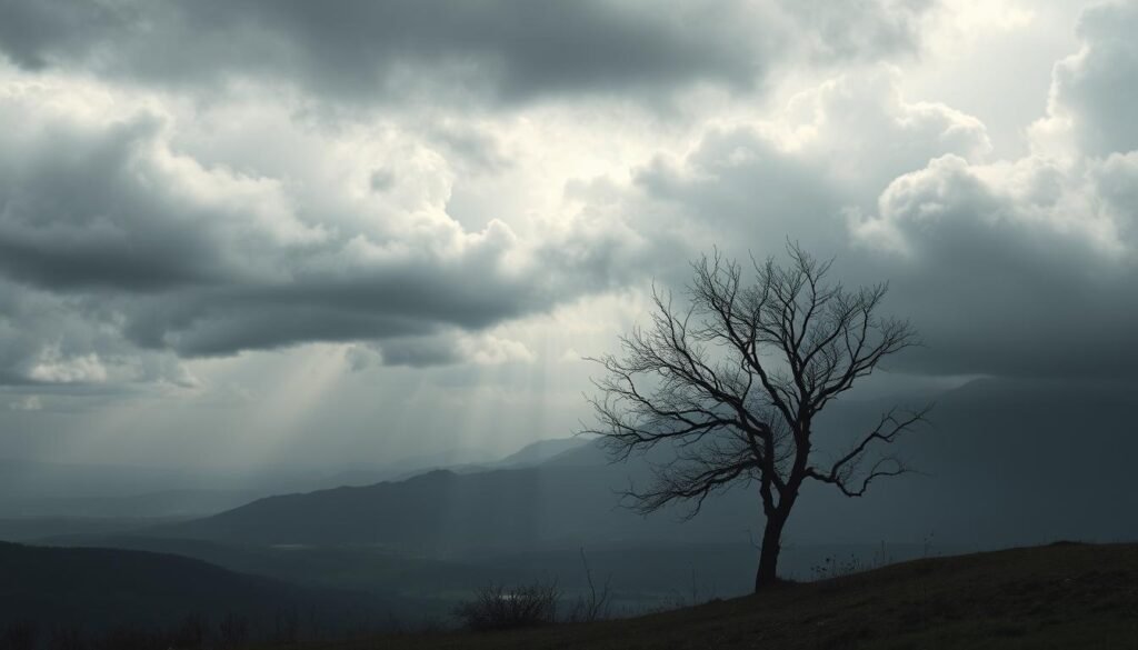 A moody, atmospheric landscape depicting "dias cinzentos" (grey days). In the foreground, a solitary tree stands, its bare branches reaching towards a cloudy, overcast sky. The middle ground features a muted, hazy vista of rolling hills and distant mountains, shrouded in a soft, muted palette of greys and blues. The background is dominated by dramatic, swirling clouds that cast a pensive, introspective mood over the scene. Subtle beams of light pierce through the clouds, adding depth and drama. The overall composition evokes a sense of quiet contemplation, reflecting the beauty and tranquility that can be found on even the greyest of days. Palavras de inspiração para dias cinzentos