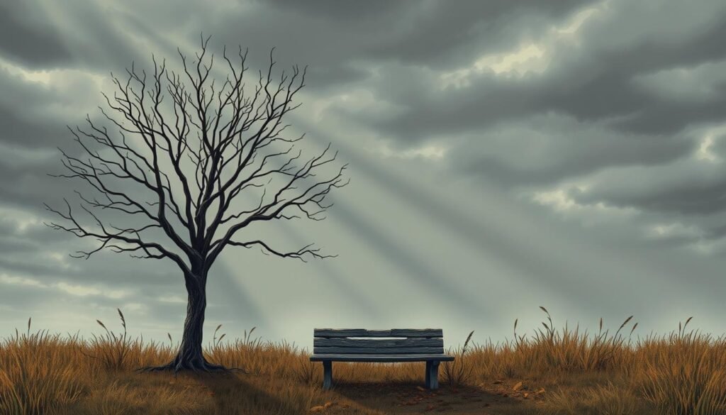 A pensive gray sky, filled with swirling clouds, sets the somber tone. In the foreground, a single tree stands bare, its branches reaching skyward like outstretched arms. Rays of muted light filter through, casting a soft, reflective glow on the earth below. In the middle ground, a weathered wooden bench sits, inviting contemplation. Textured grasses and fallen leaves surround it, adding depth and a sense of quiet solitude. The overall atmosphere is one of stillness and introspection, a perfect setting for "Frases de reflexão para dias cinzentos". Frases de reflexão para dias cinzentos