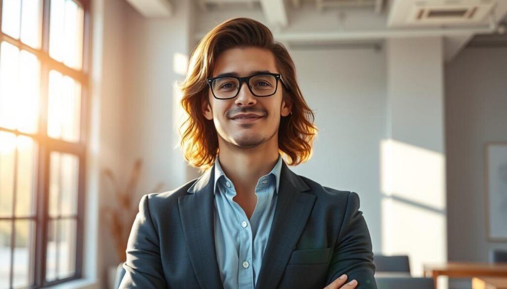 A professional, well-dressed individual standing confidently in a modern, well-lit office environment. Sunlight streams through large windows, casting a warm glow on the scene. The person's expression radiates a sense of accomplishment and fulfillment, conveying the idea of "professional success." The background features minimalist decor and clean lines, creating a sophisticated, aspirational atmosphere. The overall composition and lighting evoke a mood of achievement, ambition, and self-assurance. Frases motivacionais para o trabalho