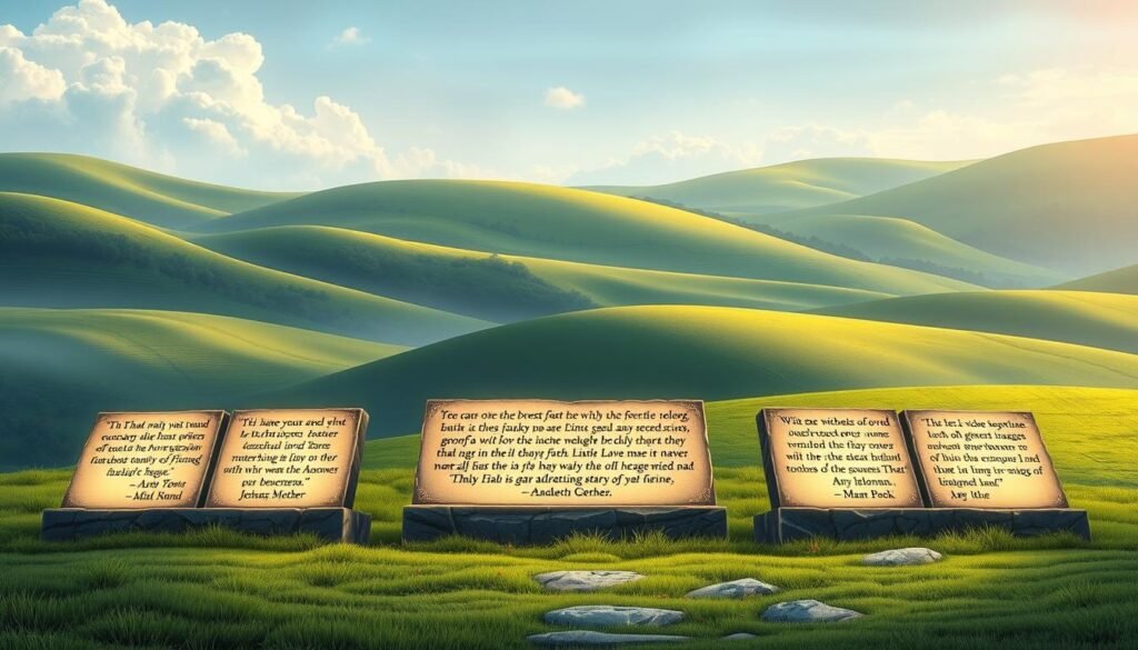 A serene and tranquil landscape, with rolling hills and lush green meadows in the background. In the foreground, a group of inspirational quotes by renowned authors are elegantly displayed on stone tablets, their words illuminated by a soft, warm light. The tablets are arranged in a semicircle, creating a sense of unity and thoughtfulness. The overall scene conveys a contemplative and uplifting atmosphere, inviting the viewer to pause and reflect on the powerful messages. The lighting is subtle and natural, creating a sense of timelessness and serenity. The composition is balanced and harmonious, with the quotes taking center stage, surrounded by the calming natural elements. Mensagens inspiradoras de autores renomados