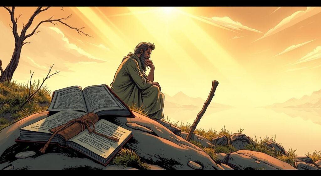 A serene, contemplative landscape with a philosopher seated in deep thought, surrounded by symbols of wisdom and the cycle of life. Warm, golden lighting filters through wispy clouds, casting a pensive mood. In the foreground, an ancient tome and a hand-carved wooden walking stick rest on a moss-covered rock. In the middle ground, the philosopher gazes introspectively, lost in deep reflection on the meaningful journey of existence. The background reveals a tranquil lake mirroring the sky, with distant mountains fading into a hazy horizon. Soft, muted tones evoke a sense of timeless contemplation. A serene, contemplative landscape with a philosopher seated in deep thought, surrounded by symbols of wisdom and the cycle of life. Warm, golden lighting filters through wispy clouds, casting a pensive mood. In the foreground, an ancient tome and a hand-carved wooden walking stick rest on a moss-covered rock. In the middle ground, the philosopher gazes introspectively, lost in deep reflection on the meaningful journey of existence. The background reveals a tranquil lake mirroring the sky, with distant mountains fading into a hazy horizon. Soft, muted tones evoke a sense of timeless contemplation.