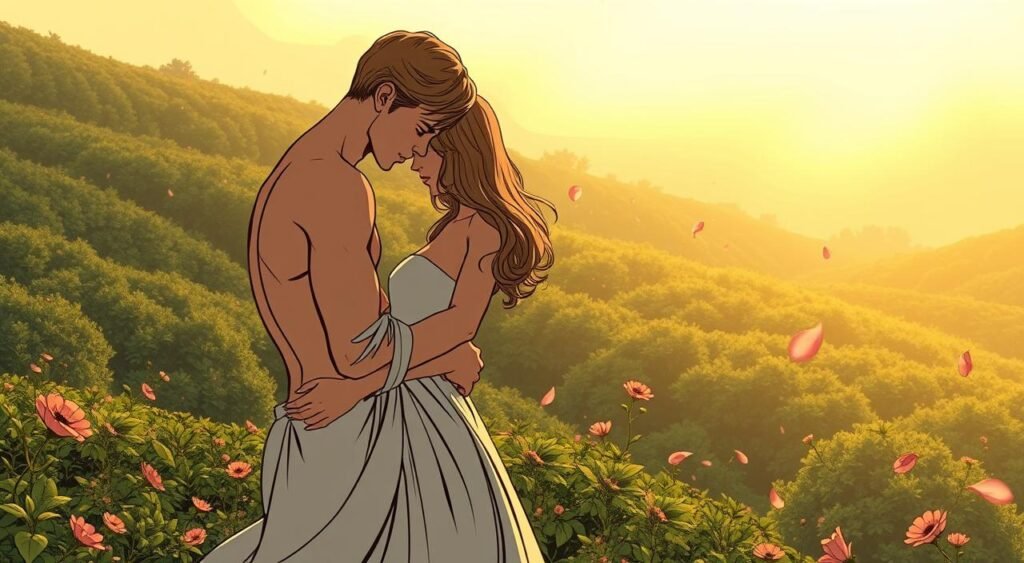 A serene, intimate scene depicting the concept of "amor" - love and deep emotional connection. In the foreground, two intertwined, graceful figures in an warm embrace, their features softly obscured to convey the intimacy. The middle ground shows a lush, verdant landscape with delicate flower petals drifting on a gentle breeze. The background is illuminated by a golden, diffused light, evoking a sense of tranquility and timelessness. The overall composition radiates a sense of profound connection, tenderness and the profound beauty of human relationships. Uma cena serena e íntima que retrata o conceito de "amor" — amor e profunda conexão emocional. Em primeiro plano, duas figuras entrelaçadas e graciosas em um abraço caloroso, com seus traços suavemente obscurecidos para transmitir a intimidade. O plano central mostra uma paisagem exuberante e verdejante, com delicadas pétalas de flores flutuando ao sabor da brisa suave. O fundo é iluminado por uma luz dourada difusa, evocando uma sensação de tranquilidade e atemporalidade. A composição geral irradia uma sensação de profunda conexão, ternura e a profunda beleza dos relacionamentos humanos.
