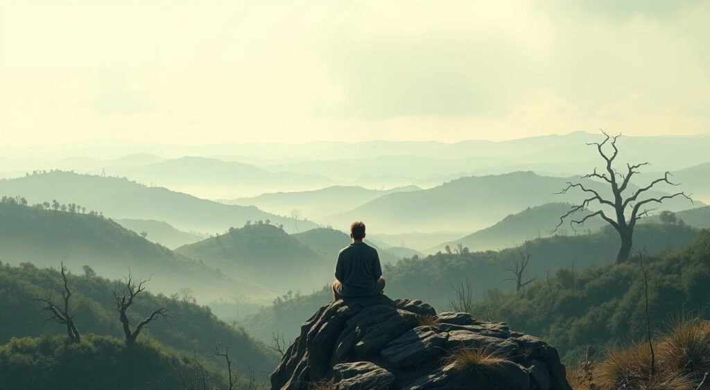 A serene, introspective landscape reflecting on life's challenges. In the foreground, a solitary figure sits atop a rocky outcrop, deep in contemplation, gazing out over a vast, ethereal landscape. The middleground features rolling hills and valleys, dotted with sparse, weathered trees, symbolizing the trials and tribulations of the human experience. The background is shrouded in a hazy, atmospheric light, creating a sense of mystery and the unknown. Soft, muted colors and muted tones evoke a mood of quiet reflection and solemn introspection. High-key lighting illuminates the figure, drawing the viewer's focus to the central subject and their inward journey. A cinematic, widescreen composition emphasizes the expansive, contemplative nature of the scene. Uma paisagem serena e introspectiva que reflete os desafios da vida. Em primeiro plano, uma figura solitária senta-se no topo de um afloramento rochoso, imersa em contemplação, contemplando uma paisagem vasta e etérea. O plano médio apresenta colinas e vales ondulantes, pontilhados por árvores esparsas e desgastadas pelo tempo, simbolizando as provações e tribulações da experiência humana. O fundo é envolto por uma luz nebulosa e atmosférica, criando uma sensação de mistério e desconhecido. Cores suaves e tons suaves evocam um clima de reflexão silenciosa e introspecção solene. A iluminação de alta definição ilumina a figura, atraindo o foco do observador para o tema central e sua jornada interior. Uma composição cinematográfica em tela ampla enfatiza a natureza expansiva e contemplativa da cena.
