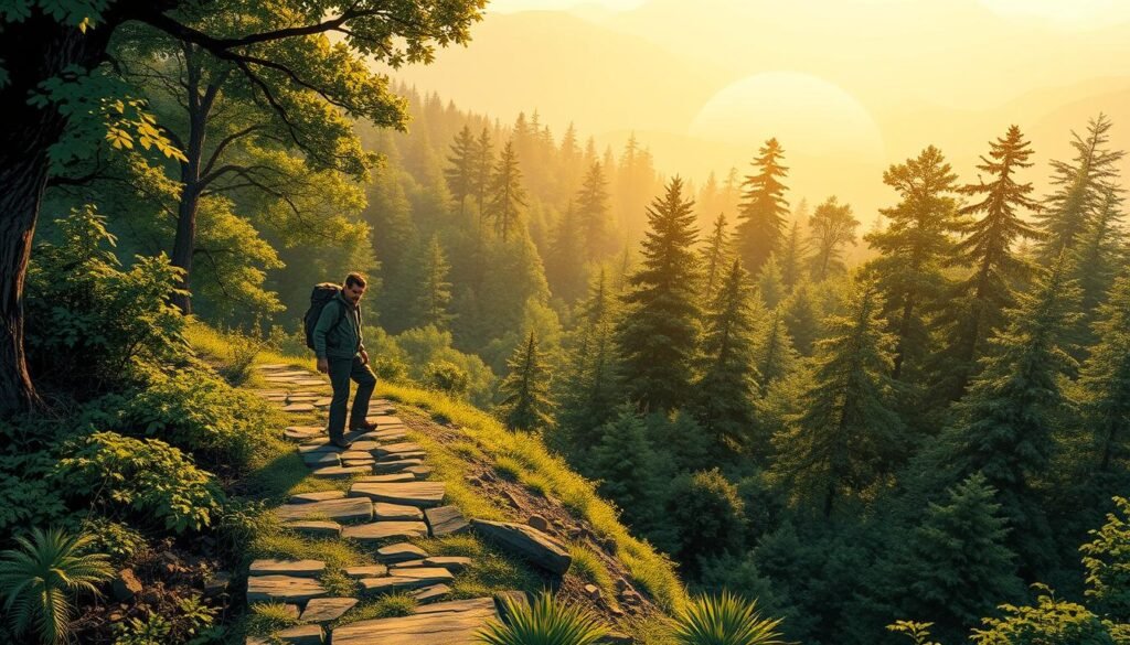 A serene landscape with a determined figure climbing a winding path through a lush, verdant forest. Sunlight filters through the canopy, casting warm, golden hues across the scene. In the foreground, a solitary figure, their face set with unwavering resolve, steadily ascends the trail, undeterred by the obstacles and challenges that lie ahead. The middle ground reveals the forest's verdant tapestry, with towering trees and vibrant undergrowth, symbolizing the resilience and perseverance needed to overcome adversity. The background recedes into a misty, atmospheric distance, hinting at the journey's continued progress and the triumph that awaits at the summit. The overall mood is one of quiet strength, inner focus, and the unshakable determination to reach one's goals. Frases motivacionais para superar qualquer obstáculo