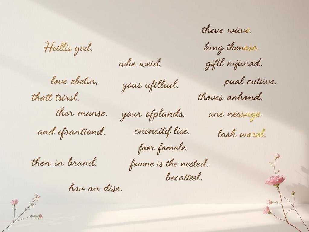 A serene, minimalist composition featuring an array of inspirational handwritten phrases in cursive script, floating gracefully against a soft, ethereal backdrop. The phrases are rendered in a mix of metallic calligraphy, with a subtle glimmer and depth, complemented by delicate floral accents and a gentle, natural lighting that casts a warm, contemplative glow. The overall aesthetic is one of introspection and personal transformation, inviting the viewer to reflect on the power of positive mindset and inner growth. A serene, minimalist composition featuring an array of inspirational handwritten phrases in cursive script, floating gracefully against a soft, ethereal backdrop. The phrases are rendered in a mix of metallic calligraphy, with a subtle glimmer and depth, complemented by delicate floral accents and a gentle, natural lighting that casts a warm, contemplative glow. The overall aesthetic is one of introspection and personal transformation, inviting the viewer to reflect on the power of positive mindset and inner growth.