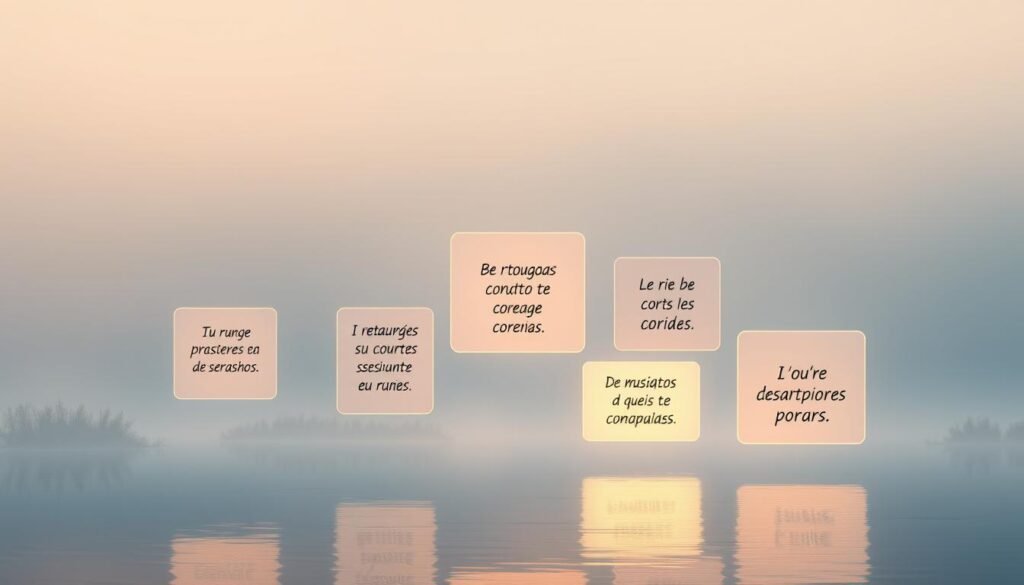 A serene, minimalist landscape featuring motivational phrases in Portuguese ("frases motivacionais") displayed on floating, translucent panels. The panels are backlit, creating a soft, warm glow that illuminates the phrases. The background is a tranquil, natural setting with a gentle, hazy sky and a calm body of water reflecting the scene. The lighting is soft and diffused, creating a contemplative, inspiring atmosphere. The panels are arranged in a visually balanced, harmonious composition that draws the viewer's eye through the frame. The overall mood is one of positivity, encouragement, and the pursuit of personal growth and success. Frases para inspirar uma cultura organizacional positiva