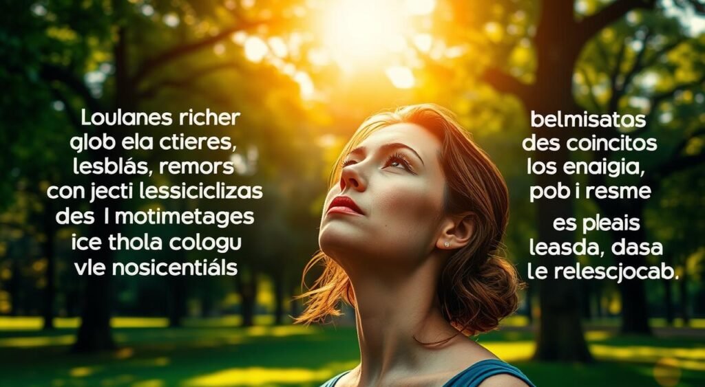 A serene park setting, with a vibrant and lush green landscape in the background. In the foreground, a thoughtful woman gazes upwards, her face bathed in warm, golden sunlight that casts a hopeful, inspirational mood. Textured, vintage-style typography overlays the scene, featuring empowering "frases motivacionais" (motivational phrases) in Portuguese that encourage resilience and personal growth. The overall composition evokes a sense of reflection, positivity, and the determination to overcome life's challenges. A serene park setting, with a vibrant and lush green landscape in the background. In the foreground, a thoughtful woman gazes upwards, her face bathed in warm, golden sunlight that casts a hopeful, inspirational mood. Textured, vintage-style typography overlays the scene, featuring empowering "frases motivacionais" (motivational phrases) in Portuguese that encourage resilience and personal growth. The overall composition evokes a sense of reflection, positivity, and the determination to overcome life's challenges.