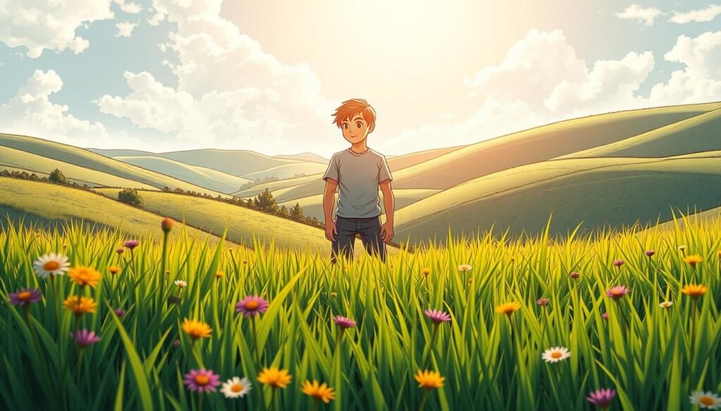 A serene, sun-dappled meadow, with lush green grass and vibrant wildflowers in the foreground. In the middle ground, a confident young person stands tall, gazing out with a powerful, self-assured expression. Soft, warm lighting illuminates their face, conveying a sense of inner strength and determination. In the background, rolling hills stretch out, hinting at the boundless possibilities that lie ahead. The overall atmosphere is one of tranquility, resilience, and the empowering realization of one's own potential. Frases para te fazer acreditar em si mesmo