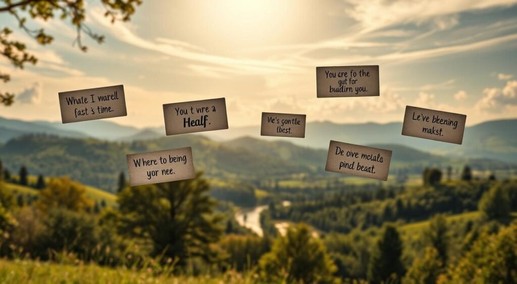 A serene, sun-dappled scene of inspirational messages floating in a tranquil, nature-filled setting. The foreground features a mix of handwritten and calligraphic text phrases on simple, textured backgrounds, suspended in the air as if by gentle magic. The middle ground depicts a lush, verdant landscape with rolling hills, towering trees, and a calm river or lake. The background showcases a warm, golden-hour sky with wispy clouds, creating a contemplative, uplifting atmosphere. Crisp, high-resolution photography with a shallow depth of field, shot with a wide-angle lens to capture the expansive, peaceful scene. A serene, sun-dappled scene of inspirational messages floating in a tranquil, nature-filled setting. The foreground features a mix of handwritten and calligraphic text phrases on simple, textured backgrounds, suspended in the air as if by gentle magic. The middle ground depicts a lush, verdant landscape with rolling hills, towering trees, and a calm river or lake. The background showcases a warm, golden-hour sky with wispy clouds, creating a contemplative, uplifting atmosphere. Crisp, high-resolution photography with a shallow depth of field, shot with a wide-angle lens to capture the expansive, peaceful scene.