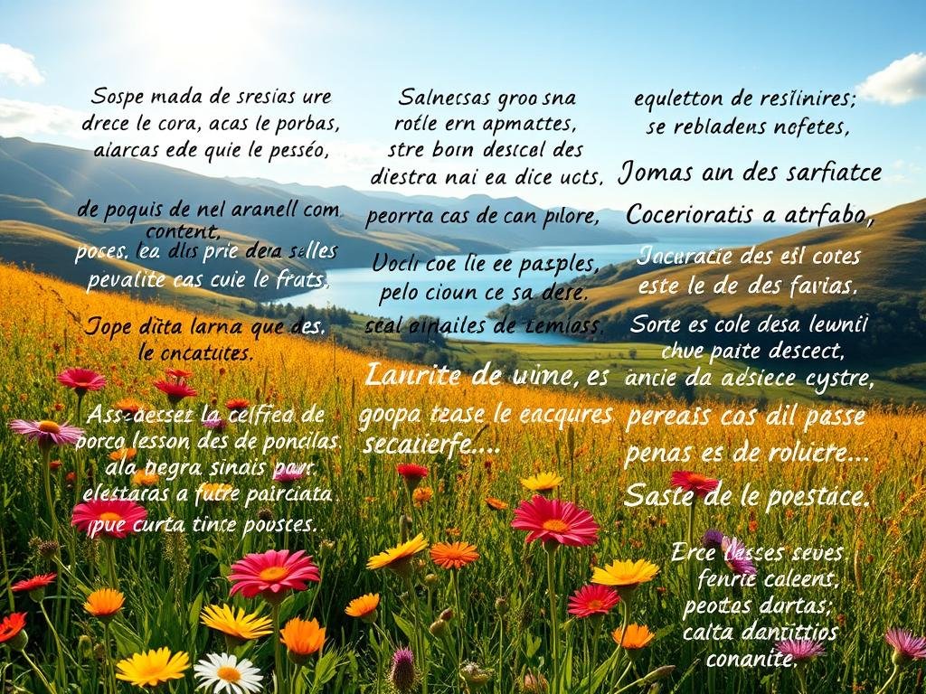 A serene, sunlit landscape with rolling hills and a tranquil lake in the background. In the foreground, a field of vibrant wildflowers sways gently in the breeze. Amidst the flowers, a collage of handwritten phrases in Portuguese, each conveying a message of resilience, determination, and the power to overcome challenges. The phrases are elegantly presented, with a natural, organic flow, reflecting the themes of the article. The overall mood is one of inspiration, hope, and the triumph of the human spirit. Mensagens de Motivação e Força