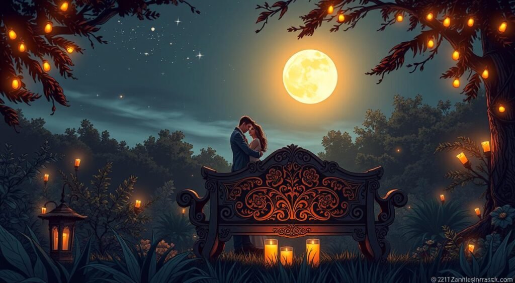 A soft, romantic night sky with twinkling stars and a full moon, illuminating a lush, peaceful garden in the foreground. In the middle ground, a beautifully carved wooden bench, decorated with intricate floral patterns and warm candlelight. A couple, embracing tenderly, shares a loving, intimate moment under the night's gentle glow. Warm, muted colors, a shallow depth of field, and a sense of tranquility and romance permeate the scene. A soft, romantic night sky with twinkling stars and a full moon, illuminating a lush, peaceful garden in the foreground. In the middle ground, a beautifully carved wooden bench, decorated with intricate floral patterns and warm candlelight. A couple, embracing tenderly, shares a loving, intimate moment under the night's gentle glow. Warm, muted colors, a shallow depth of field, and a sense of tranquility and romance permeate the scene.