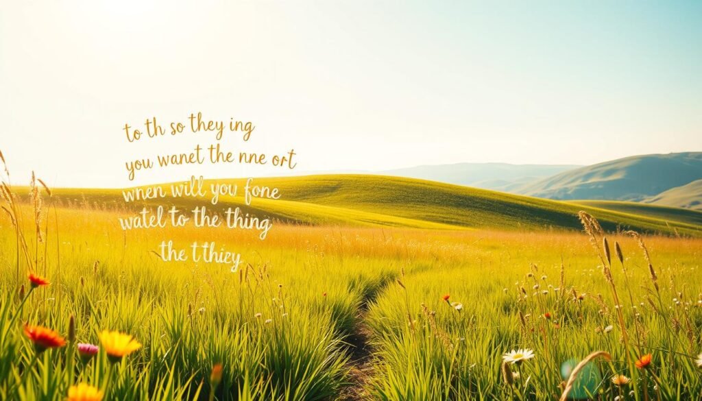 A vibrant, sun-drenched meadow, its verdant grasses and wildflowers swaying gently in a soft breeze. Floating in the foreground, a cluster of elegant, hand-lettered phrases in shimmering gold, their cursive strokes evoking a sense of warmth and positivity. In the middle ground, a meandering path leads the eye towards a distant, rolling hillside, its contours softened by a hazy, atmospheric light. The overall scene radiates an aura of tranquility and inspiration, inviting the viewer to pause and reflect on the transformative power of uplifting words. Mensagens positivas para alcançar o sucesso