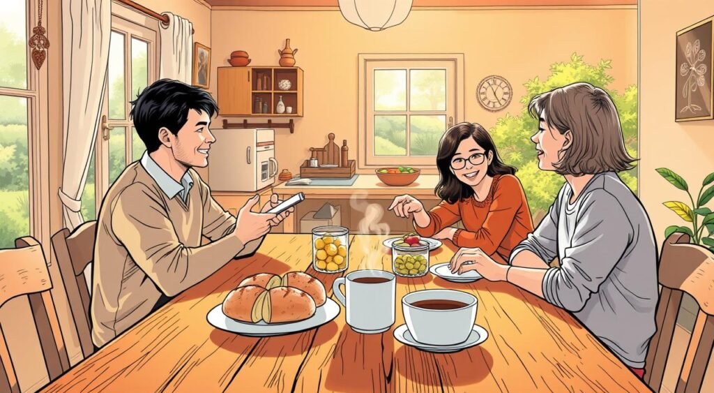 A warm, serene morning scene featuring a family gathered around the breakfast table. The foreground shows a wooden table with a simple but inviting spread of fresh bread, fruits, and a steaming cup of coffee. Family members, dressed in casual, comfortable attire, are seated together, engaged in a relaxed conversation, their faces expressing contentment and joy. The middle ground showcases the cozy, sun-filled interior of a quaint, rustic family home, with soft natural lighting filtering through the windows. In the background, a lush, verdant outdoor landscape can be seen, hinting at the tranquility and connection to nature that this family cherishes. The overall mood is one of togetherness, warmth, and the simple pleasure of starting the day in the company of loved ones. Mensagem de Bom dia para Família