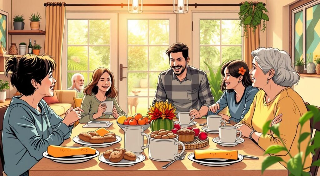 A warm, vibrant morning scene of a family gathered around a table, enjoying a delicious breakfast together. In the foreground, a beautifully set table with fresh fruit, baked goods, and steaming mugs of coffee. The family members, dressed casually and smiling, are engaged in animated conversation, radiating a sense of gratitude and connection. The middle ground features a cozy, sun-dappled kitchen, with natural light streaming in through large windows. In the background, a lush, verdant garden can be seen, adding a serene, nature-inspired element to the composition. The overall atmosphere conveys a feeling of domestic bliss, contentment, and appreciation for the simple joys of family togetherness. A warm, vibrant morning scene of a family gathered around a table, enjoying a delicious breakfast together. In the foreground, a beautifully set table with fresh fruit, baked goods, and steaming mugs of coffee. The family members, dressed casually and smiling, are engaged in animated conversation, radiating a sense of gratitude and connection. The middle ground features a cozy, sun-dappled kitchen, with natural light streaming in through large windows. In the background, a lush, verdant garden can be seen, adding a serene, nature-inspired element to the composition. The overall atmosphere conveys a feeling of domestic bliss, contentment, and appreciation for the simple joys of family togetherness.