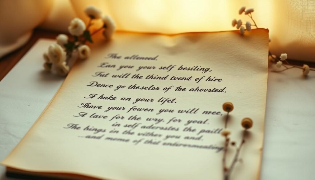 Inspirational phrases in a thoughtful, harmonious composition. A serene, softly lit setting with warm tones, featuring elegantly handwritten text on vintage paper or parchment. The layout is balanced, with the phrases tastefully arranged to create a sense of contemplation and reflection. The overall atmosphere is calming, promoting introspection and self-belief. Subtle, elegant details like natural textures, minimal floral elements, or a touch of gold foil accentuate the premium, artisanal feel. The image should evoke a sense of quiet motivation and personal empowerment. Frases para te fazer acreditar em si mesmo de Autores Renomados