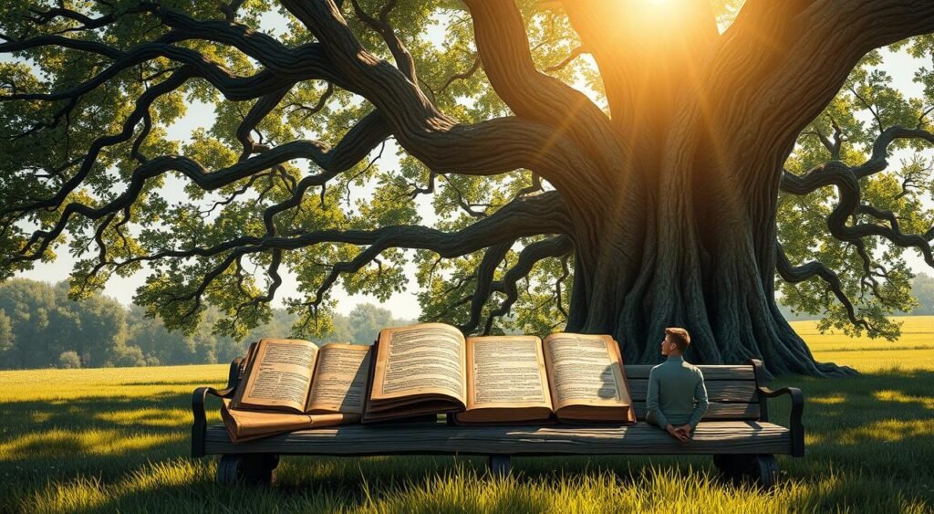 Majestic oak tree, its branches reaching skyward, casting a tranquil shadow over a serene meadow. Sunlight filters through the leaves, illuminating a collection of ancient tomes and scrolls resting on a weathered wooden bench. The pages are open, revealing calligraphic passages of timeless wisdom. In the foreground, a lone figure sits, eyes closed, deep in contemplation. An aura of profound serenity and introspection pervades the scene, inviting the viewer to pause and reflect on the transformative power of wisdom. Frases de Sabedoria
