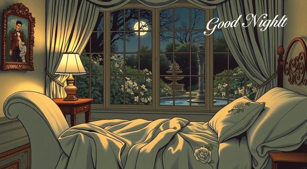 Romantic good night - a serene bedchamber, softly lit by the warm glow of a table lamp. In the foreground, a silk-draped chaise longue invites repose, while the middle ground features a wrought-iron bed frame adorned with delicate floral motifs. Beyond, an expansive window overlooks a moonlit garden, its shimmering flora and trickling water feature creating a tranquil, intimate atmosphere. Muted hues of sage, cream, and burnished gold imbue the scene with a sense of timeless elegance, as if captured through the lens of a vintage camera. Elegant, cozy, and brimming with romantic potential, this image evokes the power of a thoughtful, heartfelt good night message. Romantic good night - a serene bedchamber, softly lit by the warm glow of a table lamp. In the foreground, a silk-draped chaise longue invites repose, while the middle ground features a wrought-iron bed frame adorned with delicate floral motifs. Beyond, an expansive window overlooks a moonlit garden, its shimmering flora and trickling water feature creating a tranquil, intimate atmosphere. Muted hues of sage, cream, and burnished gold imbue the scene with a sense of timeless elegance, as if captured through the lens of a vintage camera. Elegant, cozy, and brimming with romantic potential, this image evokes the power of a thoughtful, heartfelt good night message.