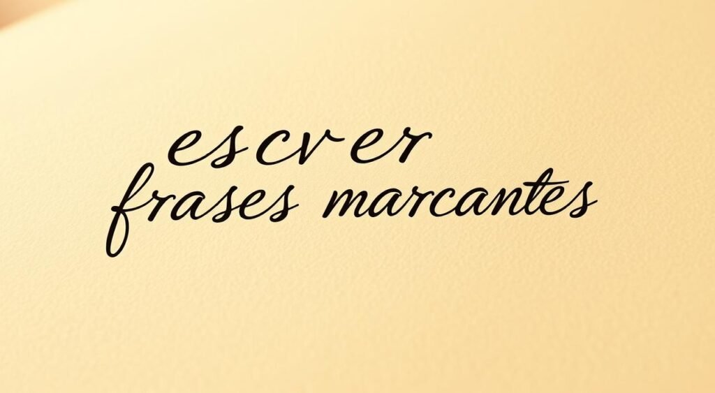 Uma bela letra cursiva manuscrita sobre um fundo suave e desfocado. As palavras "escrever frases marcantes" são elegantemente escritas em um tom sépia quente, exalando uma sensação de atemporalidade e reflexão. A composição apresenta um foco central no texto, com suaves realces e sombras adicionando profundidade e dimensão. O clima geral é contemplativo, convidando o leitor a parar e refletir sobre o poder de frases impactantes e bem elaboradas.