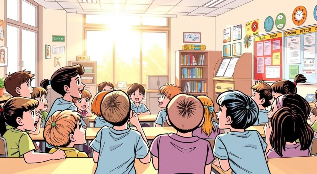 A bright and cheerful classroom scene, with students eagerly gathered around a teacher, their faces lit up with enthusiasm. The teacher stands at the front, greeting the class with a warm smile and a friendly "Good morning!" as the sun streams in through large windows, casting a soft, natural light across the room. The students, a diverse group of young learners, are attentive and engaged, their energy and curiosity palpable. The classroom is orderly yet inviting, with colorful displays and educational materials adorning the walls, creating an atmosphere that fosters learning and intellectual growth. The overall mood is one of positivity, optimism, and the excitement of a new day of discovery. Mensagens de Bom Dia para Enviar na Escola