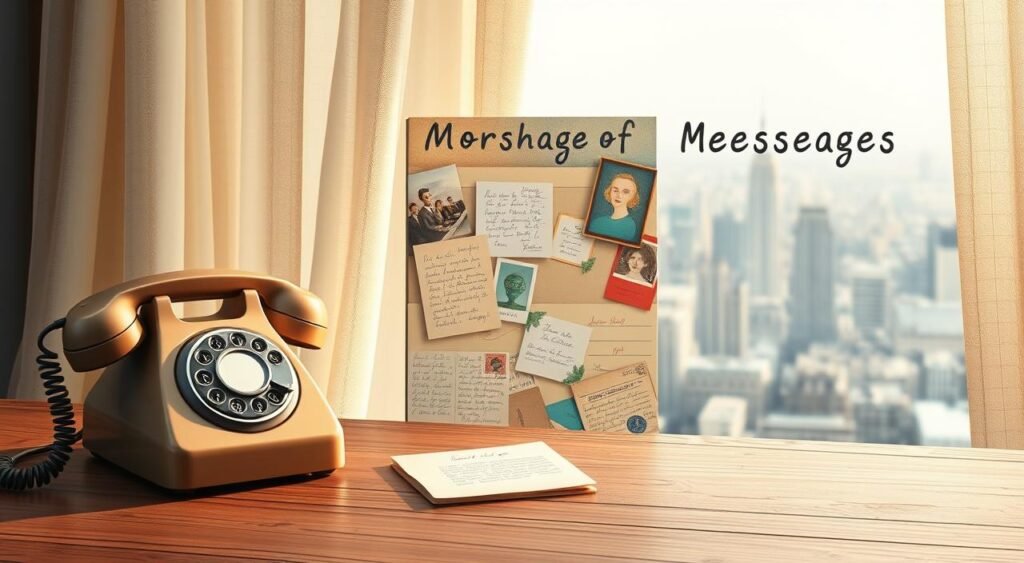 Uma cena matinal serena e nostálgica que retrata a história das mensagens matinais. Em primeiro plano, um telefone rotativo vintage repousa sobre uma mesa de madeira, com o fone fora do gancho, insinuando uma era passada de comunicação por telefone fixo. A luz suave e difusa filtra-se através de cortinas finas, lançando um brilho quente sobre a cena. No plano médio, uma colagem de notas manuscritas, cartões postais e cartões de saudação de diferentes épocas estão organizados de forma ordenada, cada um capturando os estilos e sentimentos em evolução das mensagens matinais ao longo das décadas. Ao fundo, destaca-se uma paisagem urbana embaçada e fora de foco, sugerindo o alcance global e a tradição atemporal desses cumprimentos diários. O clima geral é de reflexão, apreciação e da conexão humana duradoura fomentada pelas mensagens matinais.