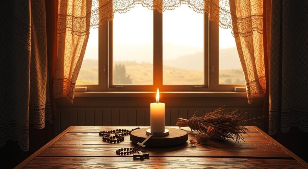 Uma sala serena e pouco iluminada, com uma luz natural e acolhedora filtrando-se através de cortinas de renda. Em primeiro plano, uma mesa de madeira sustenta uma única vela, cuja chama bruxuleante lança um brilho suave por todo o espaço. Dispostos ao redor da vela, encontram-se vários símbolos religiosos e espirituais – uma cruz, um rosário e um maço de ervas secas. No plano central, há uma janela, através da qual se avista uma cena tranquila e pastoral de colinas ondulantes e uma fileira de árvores ao longe. O fundo é nebuloso, com uma sensação de calma e contemplação sobrenaturais. A atmosfera geral é de reverência silenciosa, convidando o espectador a parar e refletir sobre as mensagens espirituais do dia.