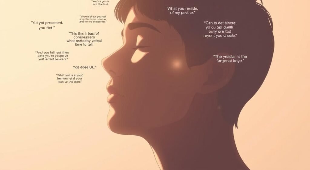 A serene, minimalist composition depicting the transformation of the human mind through the power of inspirational quotes. In the foreground, a person's head is rendered in muted tones, their eyes closed in contemplation. Surrounding them, floating quotes and phrases emerge from the negative space, casting a warm, ethereal glow. The background is a soft, dreamlike gradient, evoking a sense of introspection and personal growth. The lighting is natural and diffused, creating a sense of tranquility and focus. The angle is slightly elevated, allowing the viewer to peer into the subject's mental landscape. Overall, the image conveys the transformative impact of meaningful words on the human psyche. A serene, minimalist composition depicting the transformation of the human mind through the power of inspirational quotes. In the foreground, a person's head is rendered in muted tones, their eyes closed in contemplation. Surrounding them, floating quotes and phrases emerge from the negative space, casting a warm, ethereal glow. The background is a soft, dreamlike gradient, evoking a sense of introspection and personal growth. The lighting is natural and diffused, creating a sense of tranquility and focus. The angle is slightly elevated, allowing the viewer to peer into the subject's mental landscape. Overall, the image conveys the transformative impact of meaningful words on the human psyche.