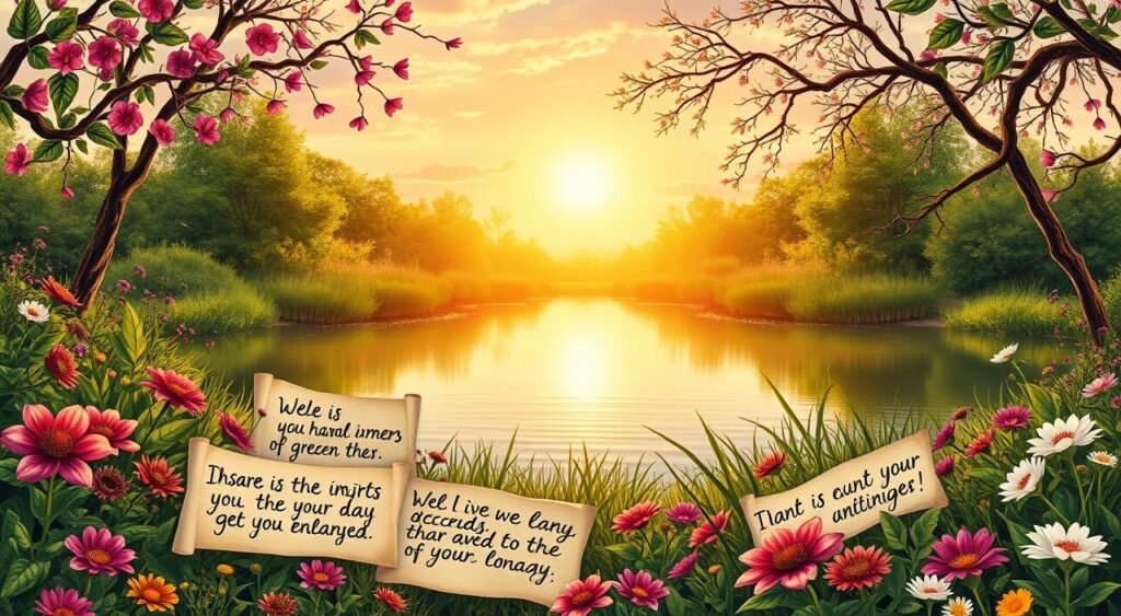 Uma paisagem matinal serena, repleta de flores vibrantes e vegetação luxuriante. Em primeiro plano, uma coleção de frases inspiradoras escritas à mão em papel semelhante a pergaminho, cada uma com um estilo caligráfico único, refletindo a diversidade de perspectivas e mentalidades positivas. O plano médio apresenta um lago tranquilo, cuja superfície reflete o céu acima, criando uma sensação de equilíbrio e harmonia. Ao fundo, a luz suave e quente do sol nascente lança um brilho dourado, iluminando a cena e instilando uma sensação de energia renovada e otimismo. A composição geral evoca uma sensação de paz interior, motivação e a beleza de começar o dia com palavras edificantes.