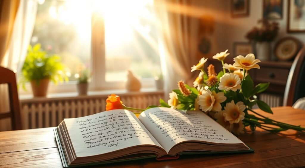 Uma cena matinal serena, banhada por uma luz suave e acolhedora. Em primeiro plano, um livro aberto com mensagens inspiradoras escritas à mão repousa sobre uma mesa de madeira, cercado por um buquê de flores frescas. No centro, uma janela oferece vista para um jardim tranquilo, com raios de sol filtrando-se pelas cortinas. O fundo retrata um interior aconchegante e convidativo, com toques de decoração religiosa, transmitindo uma sensação de paz e contemplação. O clima geral é de reflexão silenciosa e expectativa esperançosa, convidando o espectador a começar o dia com o espírito renovado.