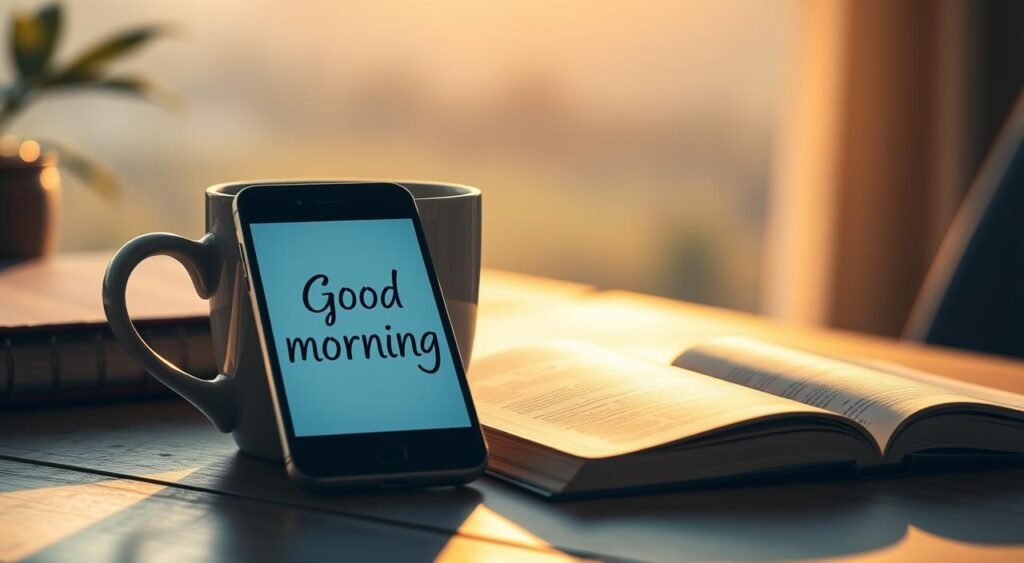 A serene morning scene with a cup of coffee and a smartphone displaying a cheerful "Good morning" message. The warm, natural lighting creates a cozy, inviting atmosphere, with soft shadows and highlights accentuating the textures of the wooden table and ceramic mug. In the foreground, the smartphone's screen glows with an inspirational, motivational message, subtly reflecting the positive impact it can have on the start of the day. The background features a blurred, out-of-focus landscape, suggesting the wider context in which this moment of mindfulness and positivity unfolds. Uma cena matinal serena com uma xícara de café e um smartphone exibindo uma alegre mensagem de "Bom dia". A iluminação natural e quente cria uma atmosfera aconchegante e convidativa, com sombras suaves e luzes que acentuam as texturas da mesa de madeira e da caneca de cerâmica. Em primeiro plano, a tela do smartphone brilha com uma mensagem inspiradora e motivacional, refletindo sutilmente o impacto positivo que pode ter no início do dia. O fundo apresenta uma paisagem desfocada e desfocada, sugerindo o contexto mais amplo em que este momento de atenção plena e positividade se desenrola.