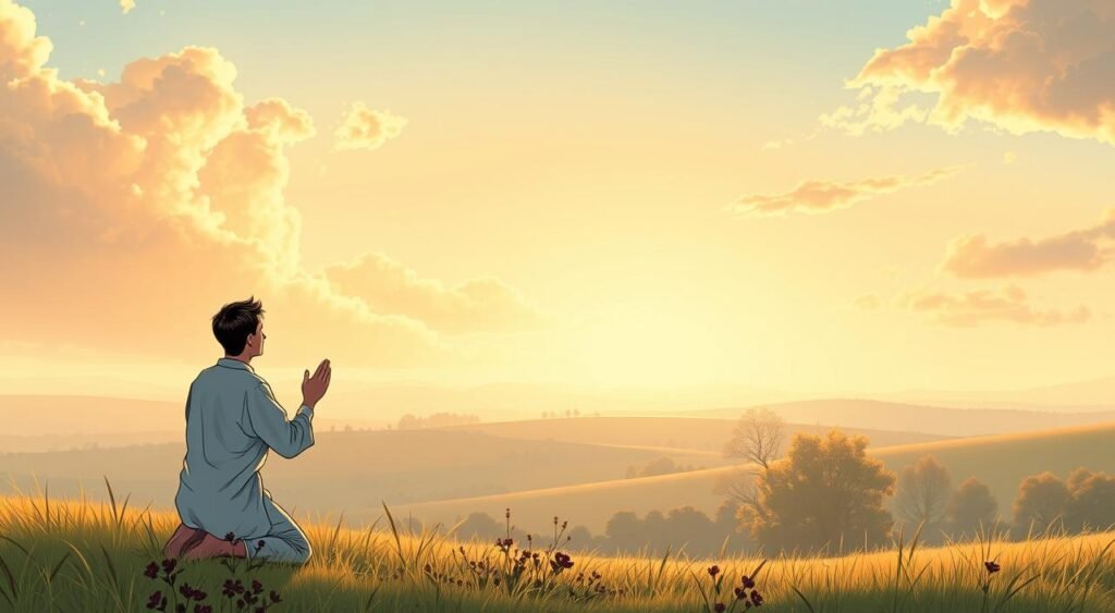 A serene morning sky, with soft pastel hues casting a divine glow over a peaceful countryside landscape. In the foreground, a lone figure kneels in prayer, their hands raised in reverence, as if receiving a moment of spiritual enlightenment. The scene is bathed in a warm, golden light, emanating a sense of inner peace and connection to the divine. The composition is balanced, with a sense of tranquility and reflection, inviting the viewer to pause and find their own inspiration in the tranquil scene. Mensagens de Bom Dia Cristãs