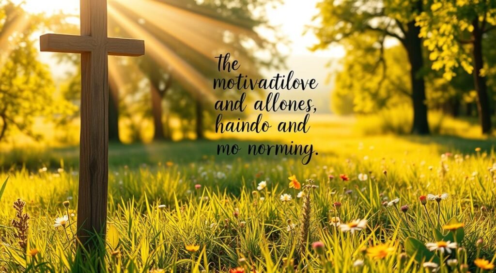 A serene, sun-dappled meadow with lush green grass and vibrant wildflowers. In the foreground, a wooden cross stands tall, its weathered texture casting long shadows. Rays of warm, golden light filter through the surrounding trees, creating a soft, inspirational ambiance. In the middle ground, hand-lettered motivational Christian messages float in the air, their elegant calligraphy reflecting the tranquility of the scene. The background fades into a distant, hazy horizon, conveying a sense of hope and spiritual connection. Overall, the image exudes a peaceful, uplifting atmosphere that aligns with the article's theme of finding motivation in Christian morning messages. Uma pradaria serena, salpicada de luz do sol, com grama verde exuberante e flores silvestres vibrantes. Em primeiro plano, uma cruz de madeira se ergue alta, sua textura envelhecida lançando longas sombras. Raios de luz dourada e morna filtram-se através das árvores ao redor, criando uma atmosfera suave e inspiradora. No meio do quadro, mensagens cristãs motivacionais, escritas à mão, flutuam no ar, sua caligrafia elegante refletindo a tranquilidade da cena. O fundo se desvanece em um horizonte distante e nebuloso, transmitindo um senso de esperança e conexão espiritual. No geral, a imagem exala uma atmosfera pacífica e edificante que se alinha ao tema do artigo sobre encontrar motivação nas mensagens cristãs matinais.