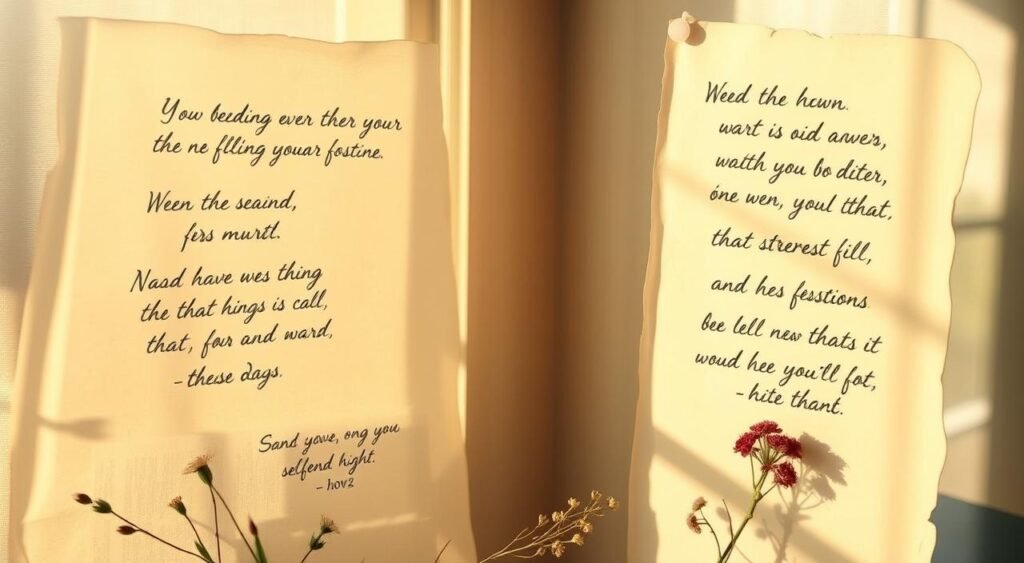 Uma cena matinal serena e ensolarada com uma coleção de citações inspiradoras e afirmações escritas à mão em papel semelhante a pergaminho, flutuando suavemente e sobrepondo-se a um fundo de tons terrosos suaves e texturas naturais. As citações exibem um estilo caligráfico elegante, transmitindo uma sensação de reflexão e atenção plena. A composição geral tem um clima acolhedor e contemplativo, convidando o observador a parar e refletir sobre a sabedoria das palavras. Elementos naturais sutis, como ramos de folhagens ou flores delicadas, adicionam um toque de beleza orgânica à cena, criando uma imagem harmoniosa e visualmente atraente.