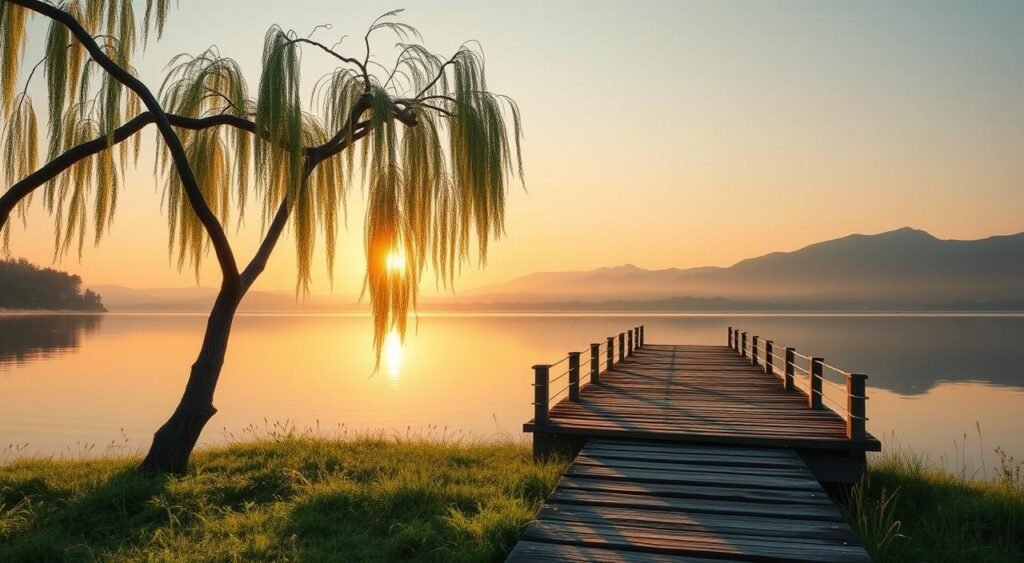 A serene sunrise over a tranquil lake, soft golden light gently illuminating the still waters and lush greenery surrounding it. In the foreground, a single willow tree's graceful branches sway in the morning breeze, casting delicate shadows on the surface below. The middle ground features a picturesque wooden dock leading into the reflective lake, inviting one to pause and soak in the positive energy of the new day. The background showcases rolling hills and a cloudless sky, radiating a sense of hope and possibility. This idyllic scene captures the essence of "energia positiva no amanhecer", inspiring a renewed sense of optimism and inspiration. Um nascer do sol sereno sobre um lago tranquilo, com uma suave luz dourada iluminando delicadamente as águas calmas e a vegetação exuberante ao redor. Em primeiro plano, os galhos graciosos de um único salgueiro balançam ao vento da manhã, projetando sombras delicadas na superfície abaixo. No plano central, um pitoresco cais de madeira que leva ao lago refletivo convida a uma pausa e a absorver a energia positiva do novo dia. Ao fundo, colinas ondulantes e um céu sem nuvens irradiam uma sensação de esperança e possibilidade. Esta cena idílica captura a essência da "energia positiva no amanhecer", inspirando um renovado senso de otimismo e inspiração.