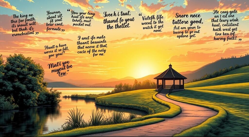 A serene sunrise setting with a peaceful lakeside landscape. In the foreground, a collection of inspirational handwritten quotes in various calligraphic styles float in the air, reflecting off the still waters. The middle ground features lush greenery and a meandering path leading towards a picturesque gazebo. In the background, rolling hills and a vibrant sky with warm hues create a tranquil, uplifting atmosphere. The overall composition conveys a sense of motivation and mindfulness for different moments throughout the day. Um pôr do sol sereno com uma paisagem tranquila à beira de um lago. Em primeiro plano, uma coleção de citações inspiradoras escritas à mão em vários estilos caligráficos flutua no ar, refletindo nas águas calmas. O plano central apresenta uma vegetação exuberante e um caminho sinuoso que leva a um mirante pitoresco. Ao fundo, colinas ondulantes e um céu vibrante com tons quentes criam uma atmosfera tranquila e inspiradora. A composição geral transmite uma sensação de motivação e atenção plena para diferentes momentos do dia.