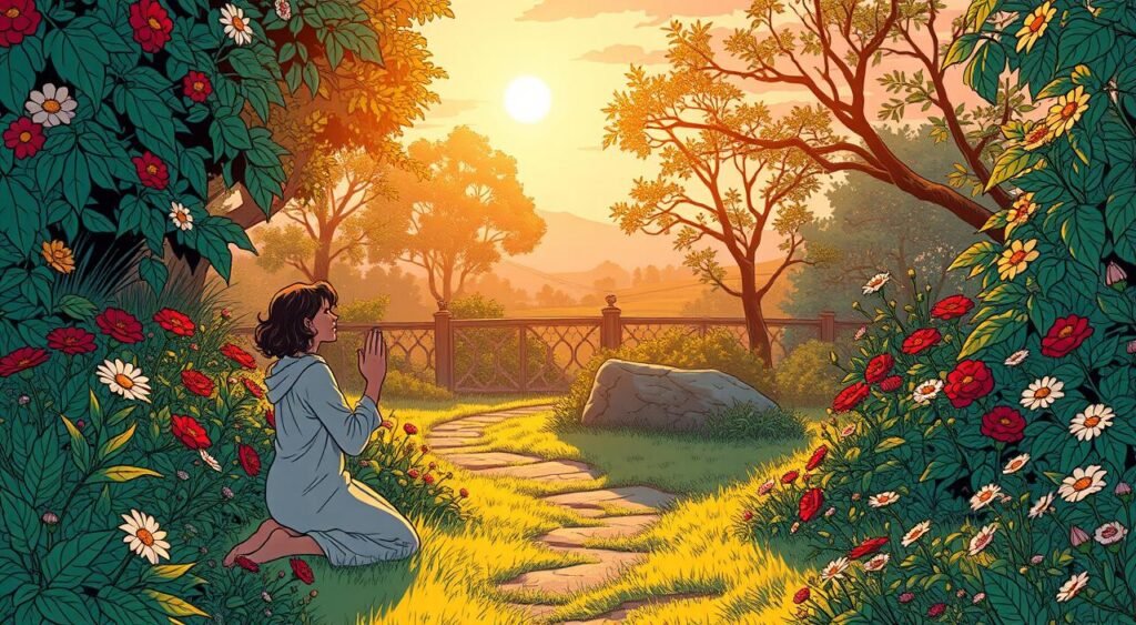 Um jardim ensolarado, repleto de vegetação luxuriante e flores vibrantes, banhado pela luz suave e cálida do amanhecer. Em primeiro plano, uma figura serena ajoelha-se em contemplação, com as mãos entrelaçadas em um gesto de gratidão, e a expressão tranquila em seu rosto irradia uma sensação de paz interior e reverência. O plano central apresenta um caminho sinuoso pelo jardim, convidando o observador a participar deste momento de reflexão espiritual. Ao fundo, o céu é pintado com delicados tons de rosa e dourado, criando uma aura de esperança e novos começos. A atmosfera geral é de profunda gratidão, uma celebração das bênçãos de um novo dia.