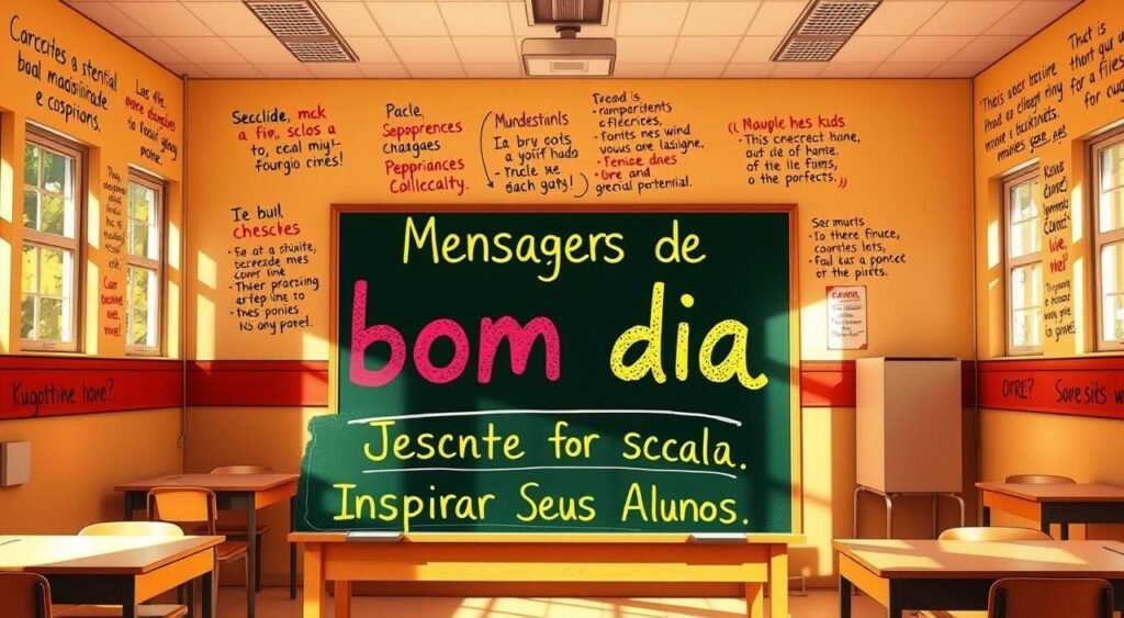 A sun-drenched classroom with warm, natural lighting. On the walls, inspirational messages in a vibrant, handwritten style, conveying messages of motivation and encouragement for students. In the foreground, a chalkboard displaying the section title "Mensagens de bom dia escola para Inspirar Seus Alunos" in a bold, colorful font. Desks and chairs arranged in a welcoming, collaborative layout, suggesting a nurturing and supportive learning environment. The overall atmosphere is uplifting, positive, and designed to inspire students to achieve their full potential. Uma sala de aula ensolarada com iluminação natural e acolhedora. Nas paredes, mensagens inspiradoras em um estilo vibrante e manuscrito, transmitindo mensagens de motivação e incentivo aos alunos. Em primeiro plano, um quadro negro exibe o título da seção "Mensagens de bom dia escola para Inspirar Seus Alunos" em uma fonte em negrito e colorida. Mesas e cadeiras dispostas em um layout acolhedor e colaborativo, sugerindo um ambiente de aprendizagem acolhedor e acolhedor. A atmosfera geral é inspiradora, positiva e projetada para inspirar os alunos a atingirem seu potencial máximo.
