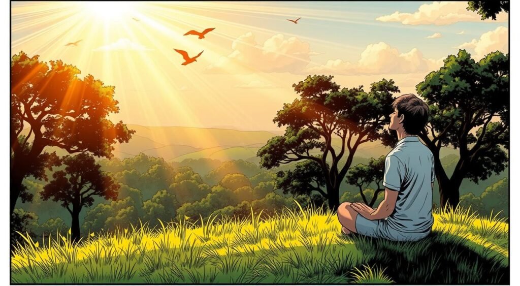 A tranquil outdoor scene with a person in the foreground sitting cross-legged on a grassy knoll, eyes closed, deep in meditation or contemplation. Rays of warm, golden sunlight filter through wispy clouds, casting a serene glow over the scene. In the middle ground, a lush forest canopy provides a natural backdrop, with the silhouettes of birds flying through the branches. The background features rolling hills and a distant horizon, creating a sense of expansiveness and tranquility. The overall atmosphere is one of introspection, inspiration, and a connection with nature. Uma cena tranquila ao ar livre com uma pessoa em primeiro plano sentada de pernas cruzadas em uma colina gramada, olhos fechados, em profunda meditação ou contemplação. Raios de sol quente e dourado filtram-se através de nuvens tênues, lançando um brilho sereno sobre a cena. No plano central, a copa exuberante da floresta proporciona um cenário natural, com as silhuetas de pássaros voando entre os galhos. O fundo apresenta colinas onduladas e um horizonte distante, criando uma sensação de expansão e tranquilidade. A atmosfera geral é de introspecção, inspiração e conexão com a natureza.
