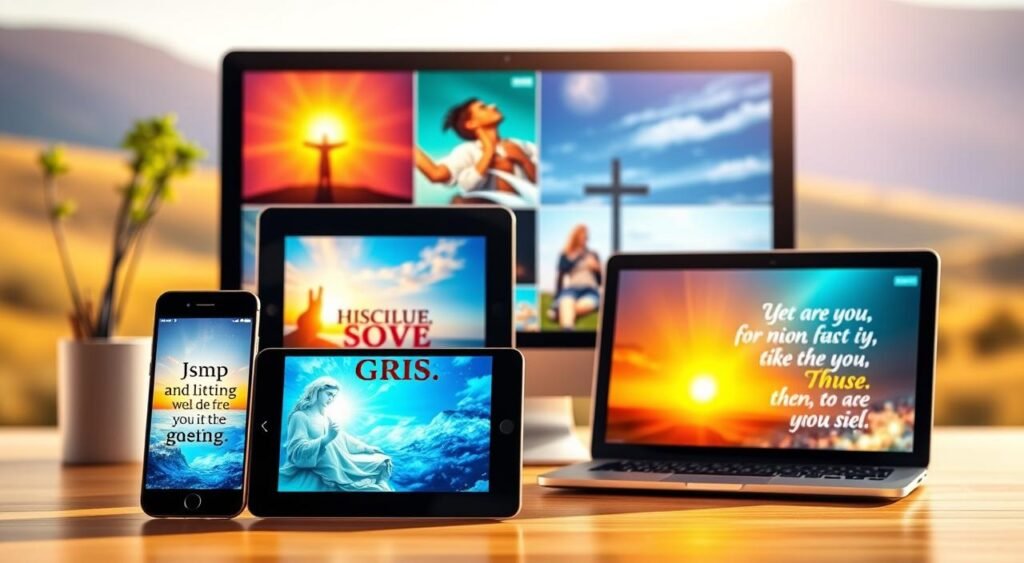 A vibrant and serene social media feed, featuring uplifting Christian messages displayed on various digital devices. In the foreground, a smartphone and tablet showcase inspirational Bible verses and positive affirmations, bathed in warm, natural lighting. The middle ground includes a laptop and desktop computer monitor, displaying harmonious compositions of religious imagery and encouraging text. In the background, a soft, blurred landscape evokes a sense of tranquility and divine presence, creating an atmosphere of faith and spiritual reflection. Um feed de mídia social vibrante e sereno, apresentando mensagens cristãs edificantes exibidas em vários dispositivos digitais. Em primeiro plano, um smartphone e um tablet mostram versículos bíblicos inspiradores e afirmações positivas, banhados por uma iluminação natural e quente. No meio, um laptop e um monitor de computador de mesa exibem composições harmoniosas de imagens religiosas e textos encorajadores. Ao fundo, uma paisagem suave e desfocada evoca uma sensação de tranquilidade e presença divina, criando uma atmosfera de fé e reflexão espiritual.