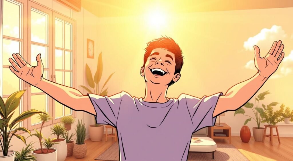 A vibrant morning scene of positive energy and optimism. In the foreground, a smiling person stretches their arms wide, basking in the warm, golden sunlight streaming through large windows. The middle ground features a cozy, minimalist living space with plants and natural textures creating a serene, nurturing atmosphere. In the background, a bright, cloudless sky hints at the promise of a beautiful day ahead. The overall mood is one of rejuvenation, clarity, and a sense of eager anticipation for the day to come. Mensagens de Bom Dia Positivas