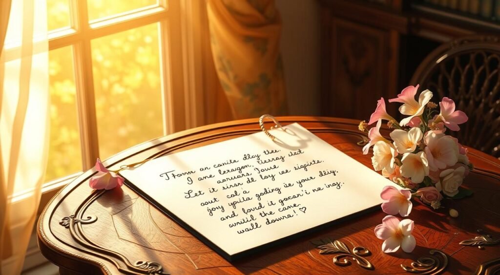 A warm and cozy morning scene, with sunlight streaming through a window, illuminating a handwritten letter on an ornate wooden table. The letter's message exudes heartfelt affection, written in a delicate cursive script. Surrounding the letter are delicate floral arrangements, their petals softly glowing. The overall atmosphere is one of intimacy, care, and a sense of cherished connection, perfectly capturing the spirit of a "mensagem de bom dia especial." Uma cena matinal quente e aconchegante, com a luz do sol entrando pela janela, iluminando uma carta escrita à mão sobre uma mesa de madeira ornamentada. A mensagem da carta exala afeto sincero, escrita em uma delicada caligrafia cursiva. Ao redor da carta, delicados arranjos florais, com suas pétalas brilhando suavemente. A atmosfera geral é de intimidade, carinho e uma sensação de conexão acalentada, capturando perfeitamente o espírito de uma "mensagem de bom dia especial".