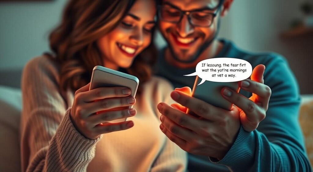 A warm, intimate morning scene with a couple tenderly embracing, their digital devices casting a soft, ambient glow. The foreground depicts their hands intertwined, fingers caressing as they exchange affectionate messages. The middle ground shows their faces close together, expressions radiating contentment and joy. The background is softly blurred, suggesting a cozy, private setting, perhaps a bedroom or living room. The lighting is muted and gentle, creating a sense of intimacy and tranquility. The overall mood is one of heartfelt connection and cherished morning moments shared between loving partners. Mensagem de Bom Dia Carinhosa que Vai Animar Seu Amor