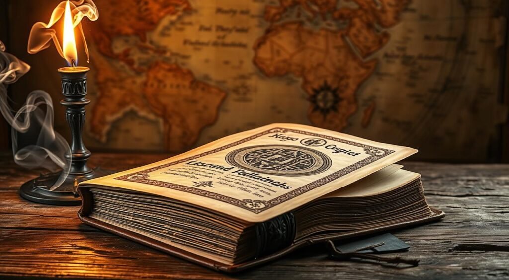 An ancient tome rests upon a weathered wooden desk, its pages illuminated by soft, warm lighting. Intricate patterns and symbols adorn the leather cover, hinting at the historical significance within. Surrounding the book, wisps of smoke curl upward from a smoldering candle, casting a contemplative, reverent atmosphere. In the background, a tattered, antique map adorns the wall, its faded contours evoking a sense of timeless discovery. The overall scene captures the origin and importance of the inspirational messages that have endured through the ages, waiting to be rediscovered and shared. Mensagens Motivacionais: Inspiração para Você Superar Obstáculos