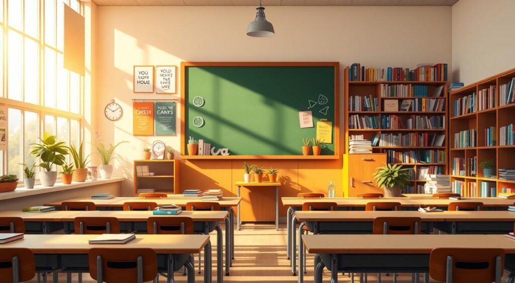 An inspirational school setting with a warm, encouraging atmosphere. A chalkboard or whiteboard takes center stage, surrounded by colorful school supplies, motivational posters, and a few potted plants. Sunlight streams in through large windows, casting a soft, natural glow. Rows of student desks in the foreground, each one unique and personalized. The background features a wall of bookshelves, filled with a diverse collection of literature. The overall composition conveys a sense of intellectual curiosity, personal growth, and the transformative power of education. Um ambiente escolar inspirador com uma atmosfera acolhedora e encorajadora. Um quadro-negro ou quadro branco ocupa o centro do palco, cercado por materiais escolares coloridos, cartazes motivacionais e alguns vasos de plantas. A luz do sol entra pelas grandes janelas, projetando um brilho suave e natural. Fileiras de carteiras de alunos em primeiro plano, cada uma única e personalizada. Ao fundo, uma parede de estantes repletas de uma coleção diversificada de literatura. A composição geral transmite uma sensação de curiosidade intelectual, crescimento pessoal e o poder transformador da educação.