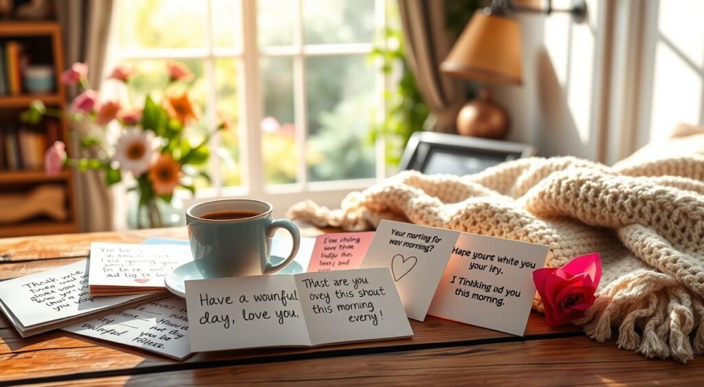Bright and cheerful morning scene showcasing a variety of heartfelt "good morning" message examples. In the foreground, a collection of handwritten notes, postcards, and digital messages displayed on a rustic wooden surface, expressing affectionate sentiments like "Have a wonderful day, my love" and "Thinking of you this morning." The middle ground features a steaming cup of coffee, a fresh bouquet of flowers, and a cozy knitted blanket, creating a warm, intimate atmosphere. The background is gently blurred, revealing a sunlit window overlooking a peaceful, lush garden, bathed in soft, natural lighting that casts a serene, inviting glow on the scene. The overall mood is one of sincere, thoughtful connection and care. Cena matinal alegre e iluminada, apresentando uma variedade de mensagens de "bom dia" comoventes. Em primeiro plano, uma coleção de bilhetes manuscritos, cartões-postais e mensagens digitais dispostas sobre uma superfície rústica de madeira, expressando sentimentos afetuosos como "Tenha um dia maravilhoso, meu amor" e "Pensando em você esta manhã". No meio, uma xícara de café fumegante, um buquê de flores frescas e um cobertor de tricô aconchegante criam uma atmosfera acolhedora e intimista. O fundo é suavemente desfocado, revelando uma janela ensolarada com vista para um jardim tranquilo e exuberante, banhado por uma luz natural suave que projeta um brilho sereno e convidativo na cena. O clima geral é de conexão e cuidado sinceros e atenciosos.