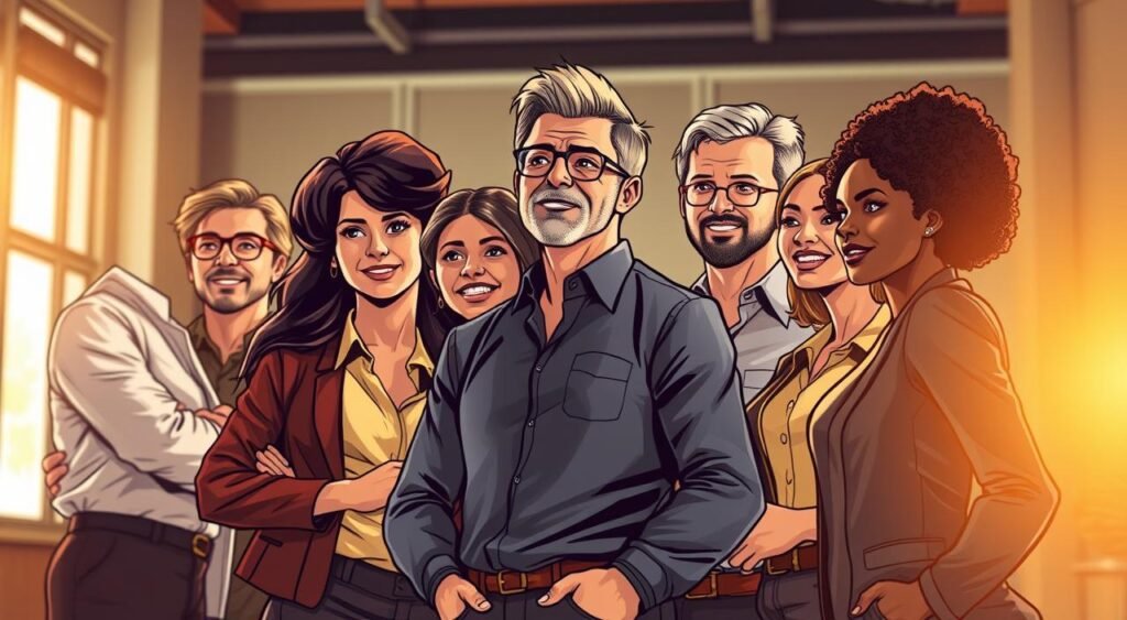 Inspirational leadership in a team setting. A group of diverse professionals standing together, their body language conveying a sense of unity, determination, and shared purpose. Warm lighting illuminates their faces, highlighting their expressions of focus and motivation. The background is slightly blurred, drawing the viewer's attention to the team members. The composition emphasizes the collaborative nature of their work, with the individuals forming a cohesive whole. An atmosphere of empowerment and camaraderie permeates the scene, reflecting the theme of "Inspiration for Teams and Leaders: Motivating Together". Liderança inspiradora em um ambiente de equipe. Um grupo de profissionais diversos, reunidos, com sua linguagem corporal transmitindo uma sensação de unidade, determinação e propósito compartilhado. Uma iluminação suave ilumina seus rostos, destacando suas expressões de foco e motivação. O fundo é levemente desfocado, atraindo a atenção do observador para os membros da equipe. A composição enfatiza a natureza colaborativa do trabalho, com os indivíduos formando um todo coeso. Uma atmosfera de empoderamento e camaradagem permeia a cena, refletindo o tema "Inspiração para Equipes e Líderes: Motivando Juntos".