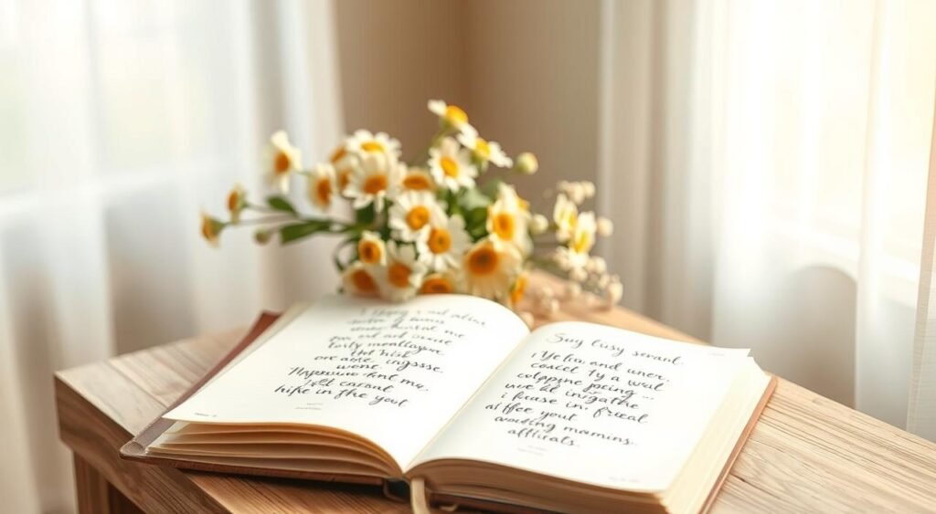 Serene morning light filters through a softly blurred window, casting a warm glow on a wooden table adorned with a bouquet of fresh flowers. Atop the table, an open journal lies, its pages filled with handwritten inspirational phrases in an elegant script. The scene evokes a sense of tranquility and reflection, inviting the viewer to pause and savor the gentle beauty of the moment. A minimalist, soothing color palette, with muted tones of beige, cream, and soft greens, creates a calming, introspective atmosphere. The composition is balanced and harmonious, drawing the eye to the journal as the focal point, conveying the idea of morning affirmations and mindful contemplation. Serene morning light filters through a softly blurred window, casting a warm glow on a wooden table adorned with a bouquet of fresh flowers. Atop the table, an open journal lies, its pages filled with handwritten inspirational phrases in an elegant script. The scene evokes a sense of tranquility and reflection, inviting the viewer to pause and savor the gentle beauty of the moment. A minimalist, soothing color palette, with muted tones of beige, cream, and soft greens, creates a calming, introspective atmosphere. The composition is balanced and harmonious, drawing the eye to the journal as the focal point, conveying the idea of morning affirmations and mindful contemplation.