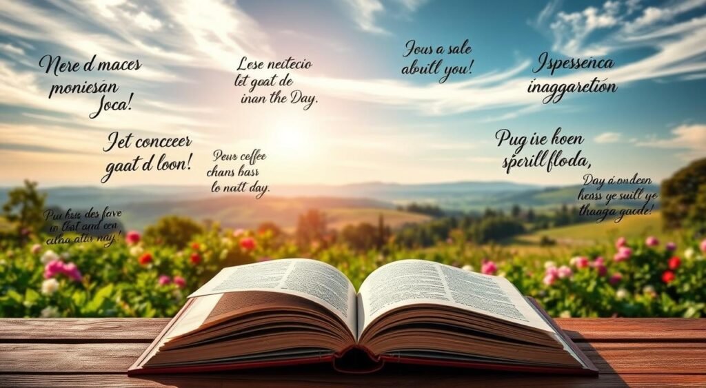 Serene morning light filters through wispy clouds, illuminating a tranquil nature scene. In the foreground, an open book rests upon a wooden table, its pages gently fluttering. Surrounding the book are artfully arranged inspirational phrases handwritten in a flowing calligraphic script, each one a beacon of positivity to start the day. The middle ground features a lush, verdant garden with vibrant flowers in bloom, symbolizing new beginnings and growth. In the distance, a picturesque landscape unfolds, with rolling hills and a distant horizon, conveying a sense of boundless possibilities. This inviting, uplifting composition captures the essence of the "Coleção de Frases Inspiradoras para o Novo Dia". A serena luz matinal filtra-se por entre nuvens tênues, iluminando uma tranquila cena natural. Em primeiro plano, um livro aberto repousa sobre uma mesa de madeira, com suas páginas suavemente esvoaçantes. Ao redor do livro, frases inspiradoras, artisticamente dispostas, escritas à mão em uma caligrafia fluida, cada uma delas um farol de positividade para começar o dia. No meio, um jardim exuberante e verdejante com flores vibrantes desabrochando, simbolizando novos começos e crescimento. Ao longe, uma paisagem pitoresca se desdobra, com colinas ondulantes e um horizonte distante, transmitindo uma sensação de possibilidades ilimitadas. Esta composição convidativa e inspiradora captura a essência da "Coleção de Frases Inspiradoras para o Novo Dia".