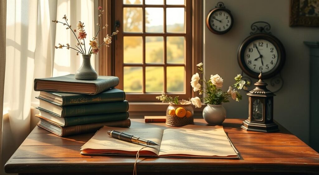 Soft morning light cascades over a wooden desk, illuminating a stack of antique books and a quill pen resting on a yellowed parchment. In the background, a window frames a picturesque pastoral scene, hinting at the timeless origins of the cherished "good morning" tradition. Delicate floral arrangements and a vintage clock lend an air of tranquility, while the warm color palette evokes a sense of nostalgia and the enduring significance of these heartfelt greetings. Mensagem de Bom Dia Especial para Quem Você Ama
